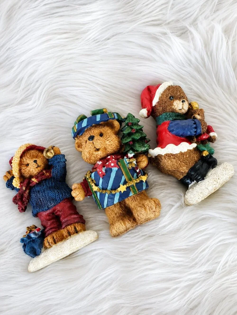 Lot of 3 Christmas Miniature Teddy Bear Textured Figurines Decor